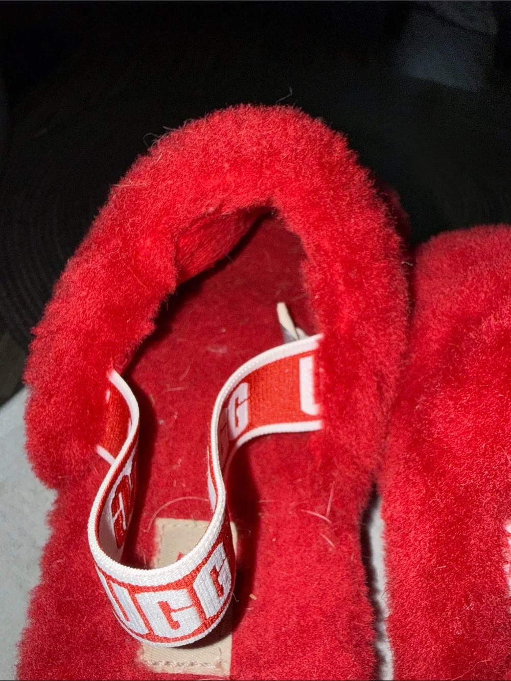 UGG Red Plush Slide Sandals with Logo Heel Strap